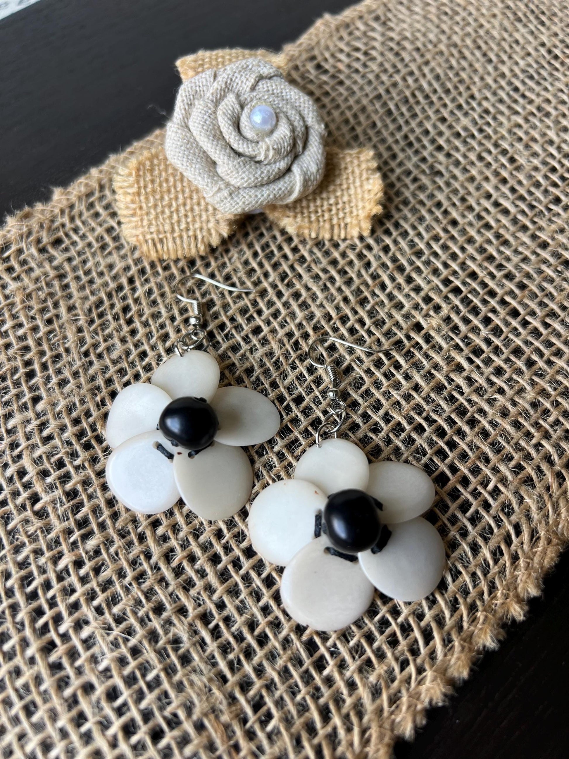 Black and white flower beaded earrings Tagua earrings Handmade statement earrings Dangle earrings Wearable art Fall fashion Elegant earrings