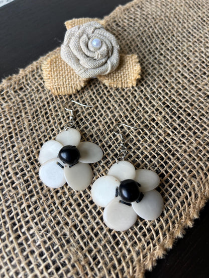 Black and white flower beaded earrings Tagua earrings Handmade statement earrings Dangle earrings Wearable art Fall fashion Elegant earrings