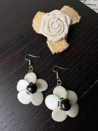 Black and white flower beaded earrings Tagua earrings Handmade statement earrings Dangle earrings Wearable art Fall fashion Elegant earrings