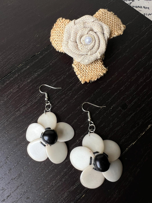 Black and white flower beaded earrings Tagua earrings Handmade statement earrings Dangle earrings Wearable art Fall fashion Elegant earrings