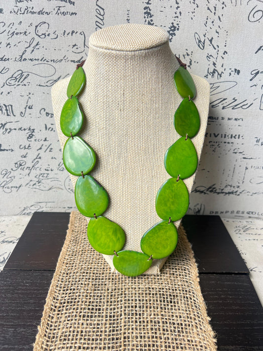 Green simple necklace Tagua nut jewelry Statement necklace with adjustable cord Wearable art Summer fashion Handmade beaded necklace