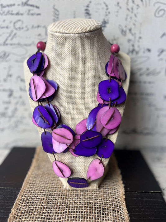 Purple and pink multi layer necklace Tagua jewelry Big bold necklaces Adjustable cord Statement necklace for women Wearable art Fall fashion