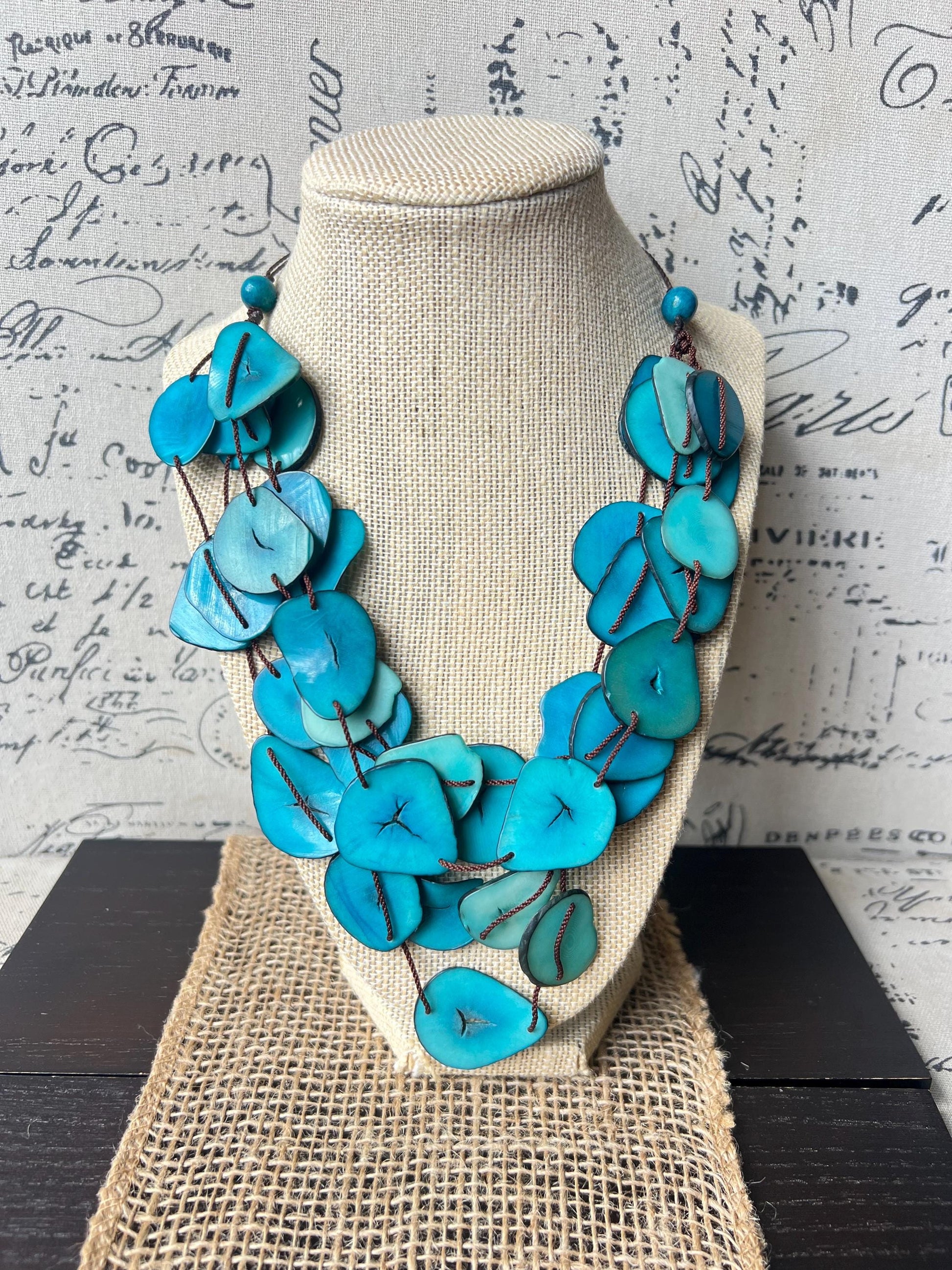 Turquoise blue multi layer necklace Tagua jewelry Big bold necklaces Adjustable cord Triple strand statement necklace Artsy gifts Fall trend