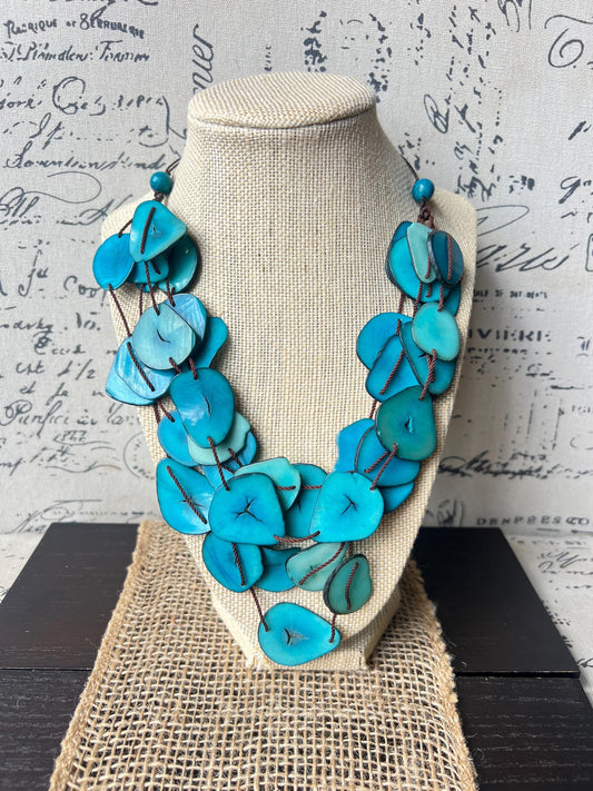Turquoise blue multi layer necklace Tagua jewelry Big bold necklaces Adjustable cord Triple strand statement necklace Artsy gifts Fall trend