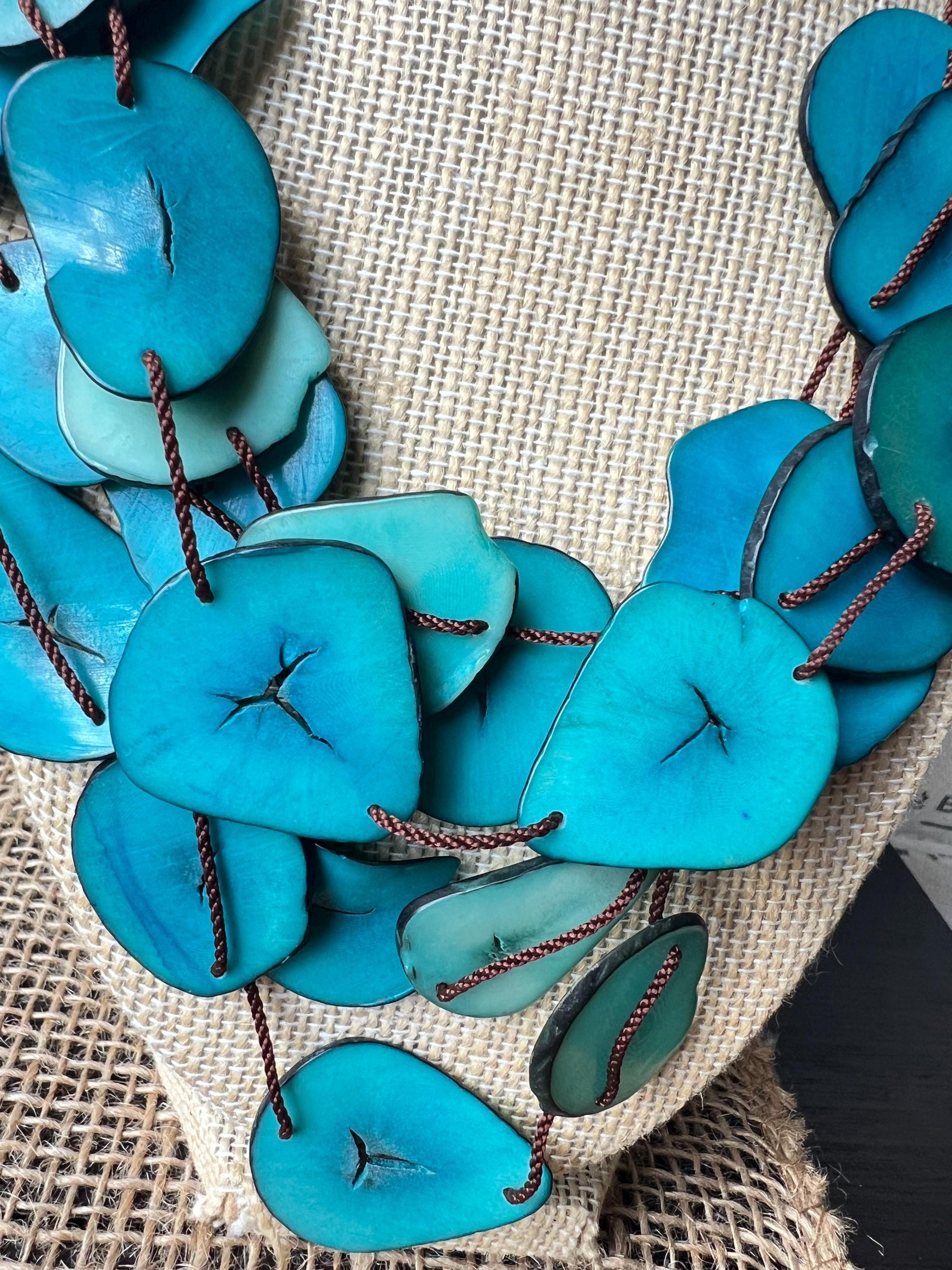 Turquoise blue multi layer necklace Tagua jewelry Big bold necklaces Adjustable cord Triple strand statement necklace Artsy gifts Fall trend