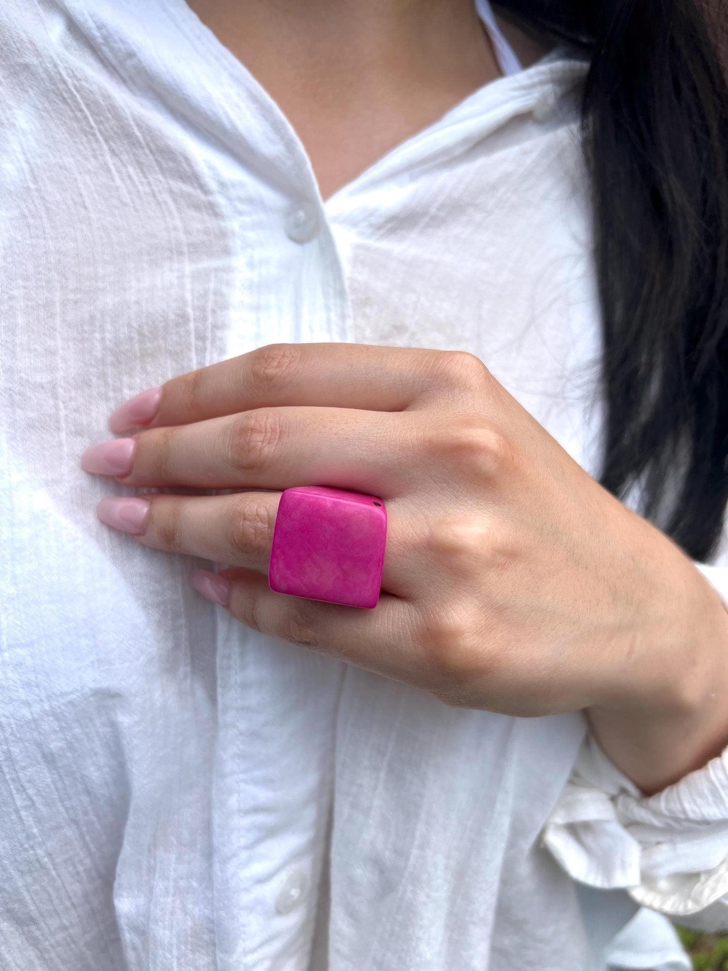 Tagua nut ring pink Unusual fashion jewelry Fall style Big bold cocktail ring Statement large Anniversary gift women Huge oversized ring
