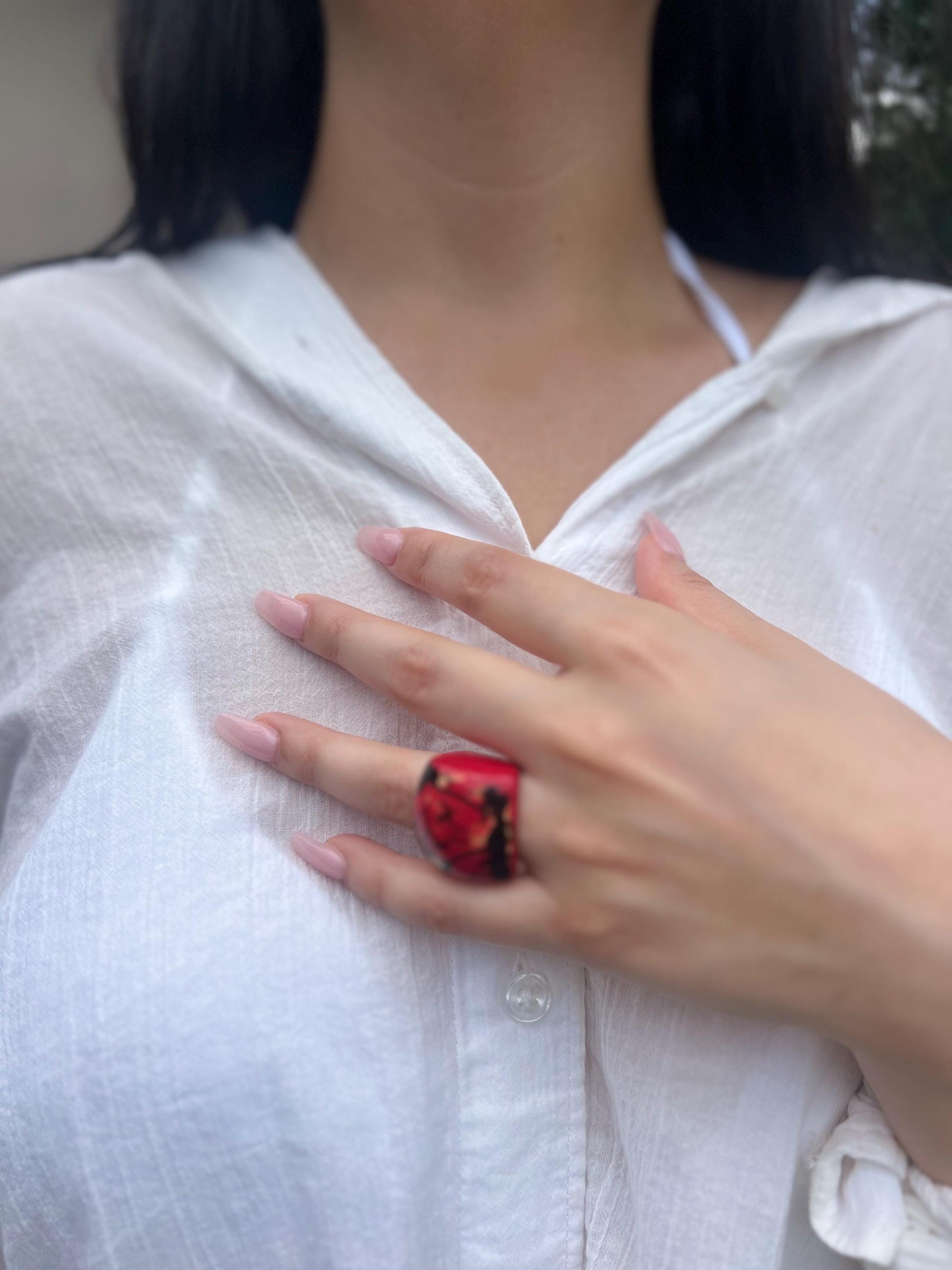 Elegant red ring Tagua nut cocktail ring Aesthetic rings Wide band ring Red beaded rings Wearable art Statement cuff ring Chunky rings