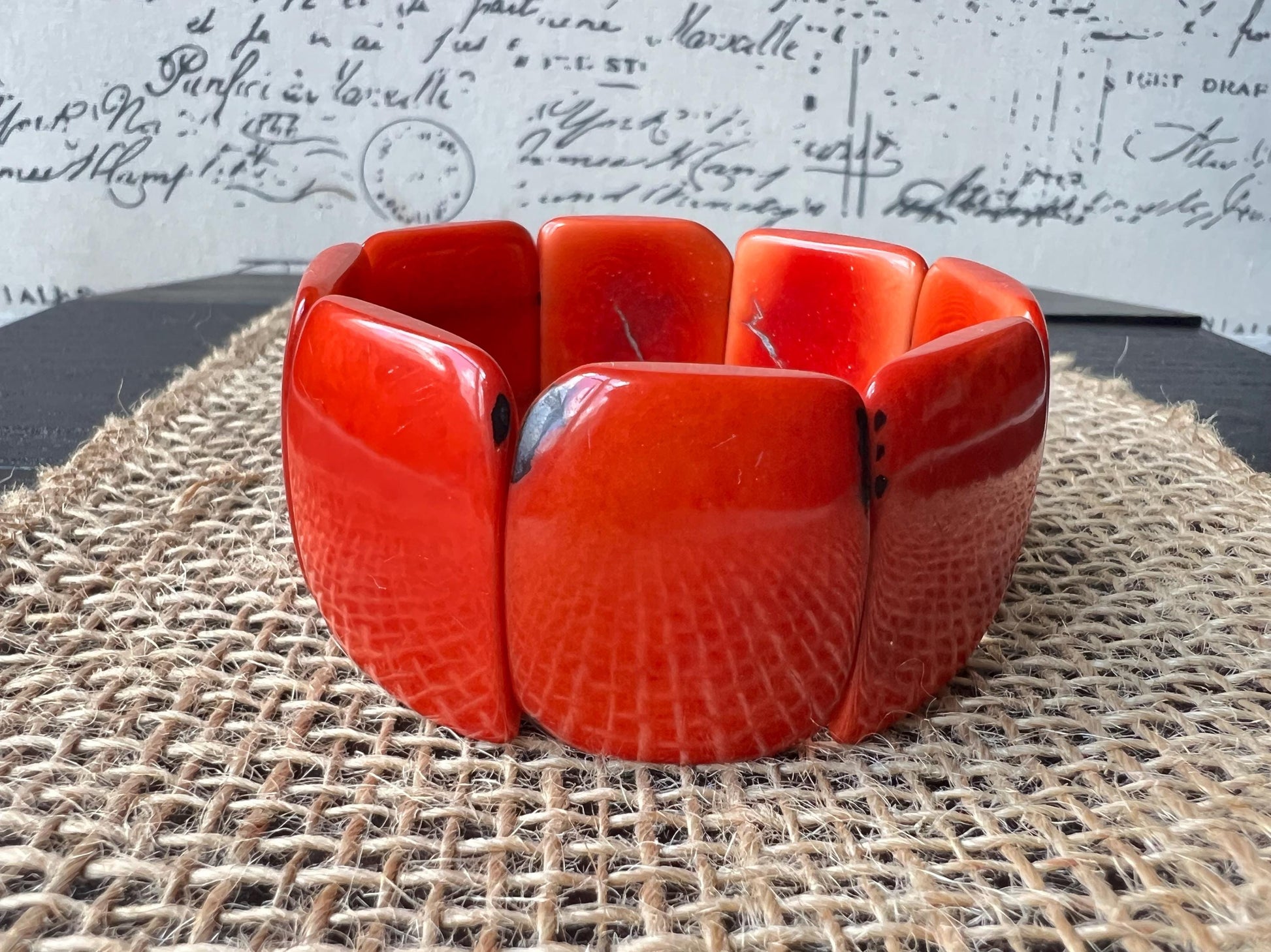 Orange statement bracelet Tagua jewelry Elastic stretch bracelet Big bead bracelet Fall fashion Wearable art Geometric square beads