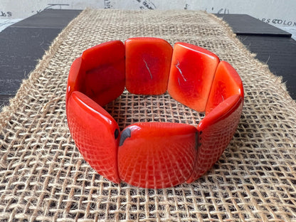 Orange statement bracelet Tagua jewelry Elastic stretch bracelet Big bead bracelet Fall fashion Wearable art Geometric square beads
