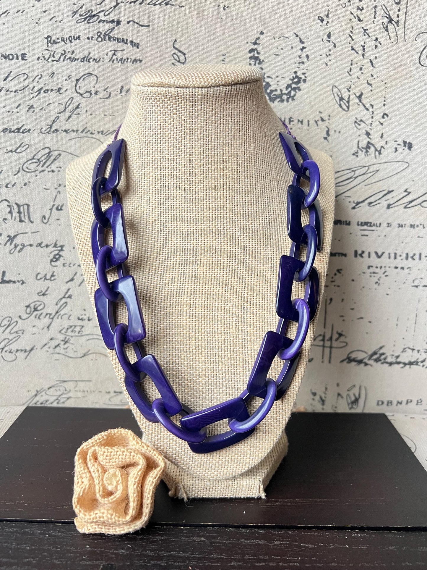Purple blue chunky chain link necklace Adjustable cord Tagua jewelry Oversized beaded collar Geometric necklace Fall fashion Wearable art