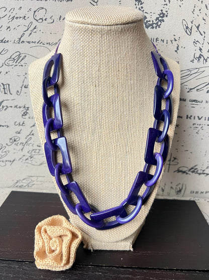Purple blue chunky chain link necklace Adjustable cord Tagua jewelry Oversized beaded collar Geometric necklace Fall fashion Wearable art
