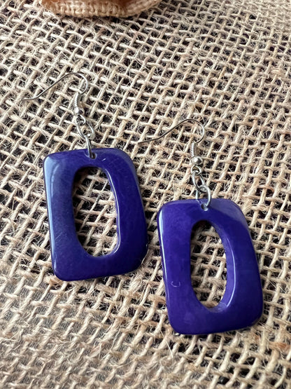 Purple blue statement earrings Dangle and drop earrings Fall fashion Tagua jewelry Artsy gifts Rectangle jewelry Wearable art Handmade