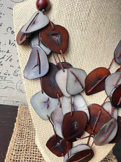 Brown and gray multi layer necklace Tagua jewelry Big bold necklaces Adjustable cord Triple strand statement necklace Artsy gifts Fall trend