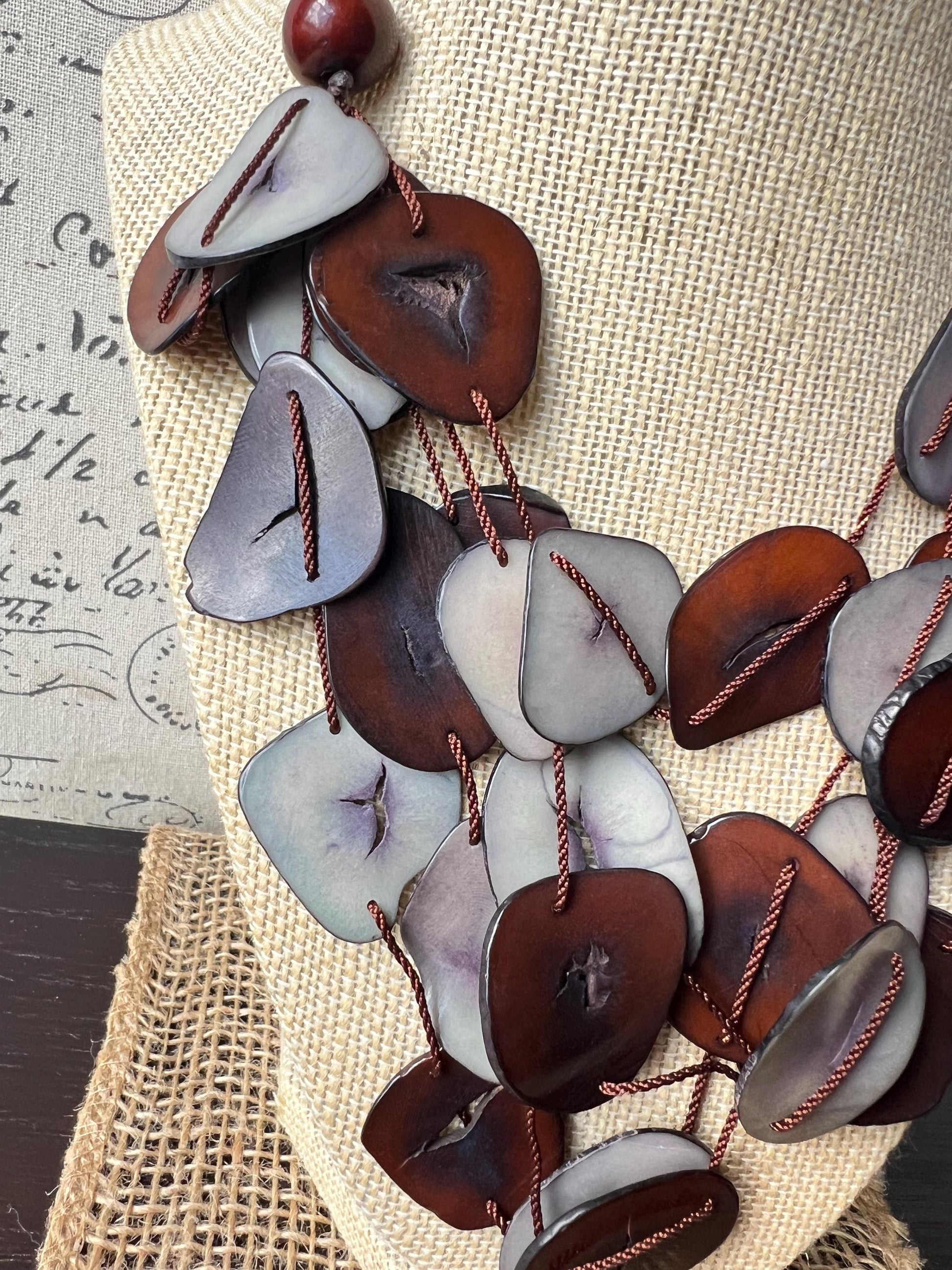 Brown and gray multi layer necklace Tagua jewelry Big bold necklaces Adjustable cord Triple strand statement necklace Artsy gifts Fall trend