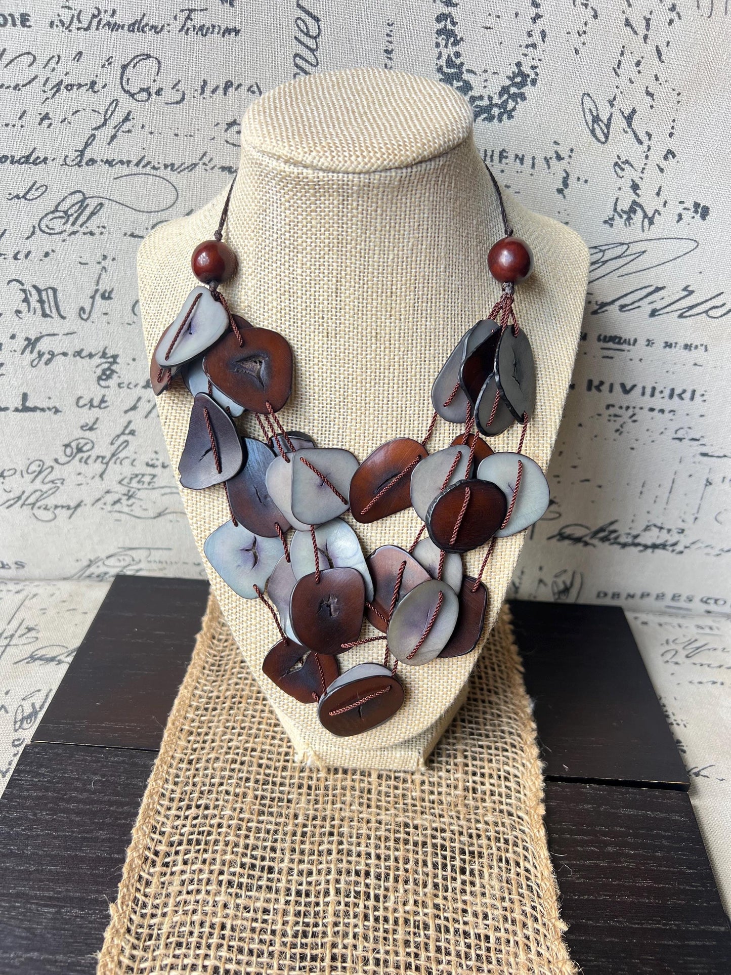 Brown and gray multi layer necklace Tagua jewelry Big bold necklaces Adjustable cord Triple strand statement necklace Artsy gifts Fall trend