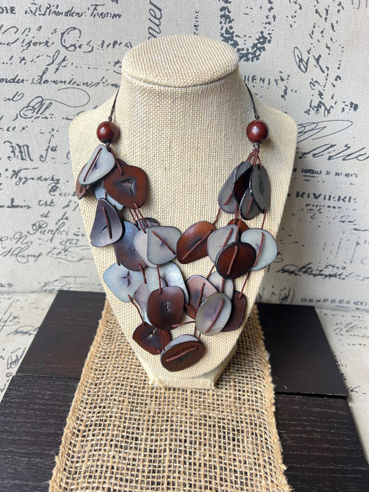 Brown and gray multi layer necklace Tagua jewelry Big bold necklaces Adjustable cord Triple strand statement necklace Artsy gifts Fall trend
