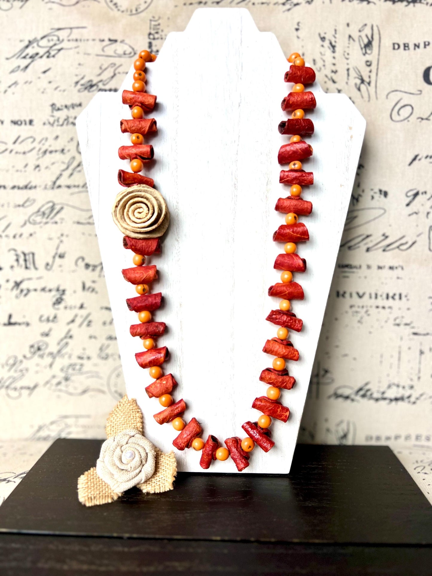 Orange flower necklace Adjustable cord Handmade statement necklace Big bold chunky necklace made with orange peel and acai seeds Lightweight