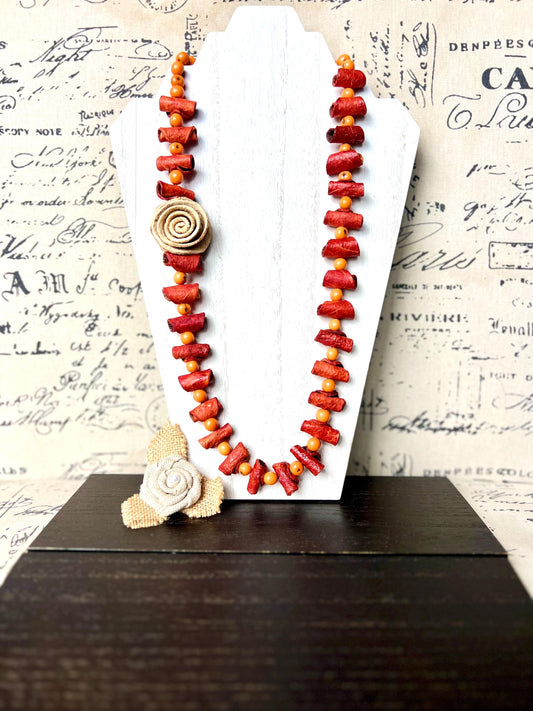 Orange flower necklace Adjustable cord Handmade statement necklace Big bold chunky necklace made with orange peel and acai seeds Lightweight