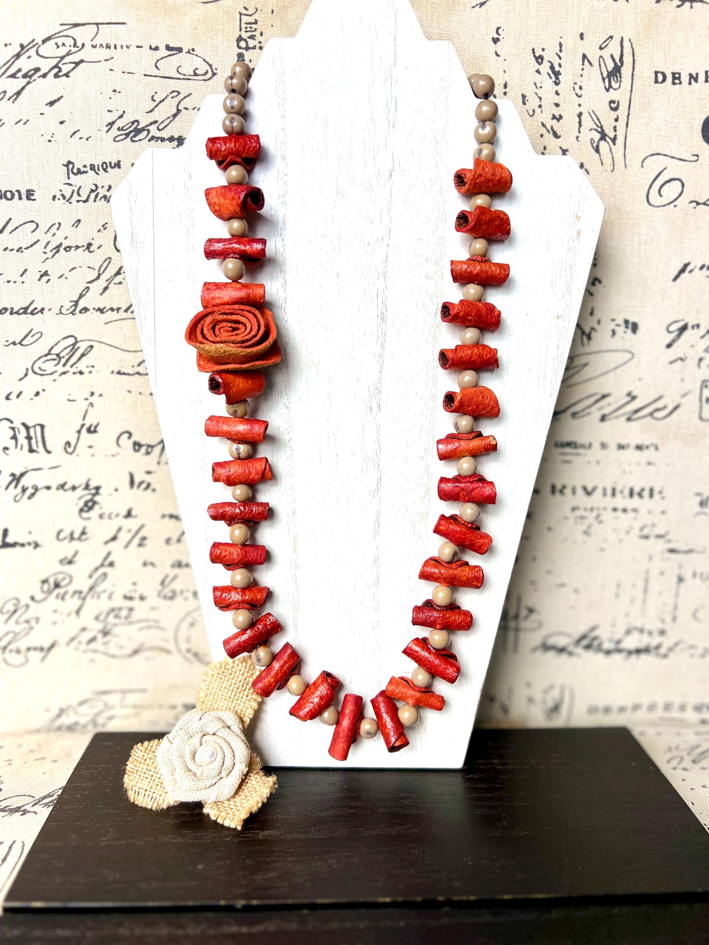 Orange flower necklace Adjustable cord Wearable art Handmade statement necklace Bold necklace made with orange peel and acai seeds