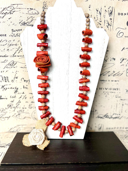 Orange flower necklace Adjustable cord Wearable art Handmade statement necklace Bold necklace made with orange peel and acai seeds