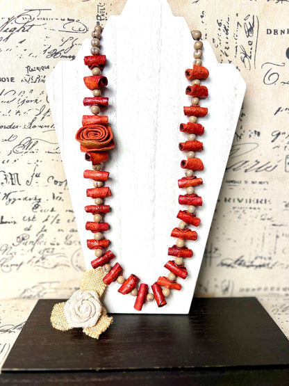 Orange flower necklace Adjustable cord Wearable art Handmade statement necklace Bold necklace made with orange peel and acai seeds