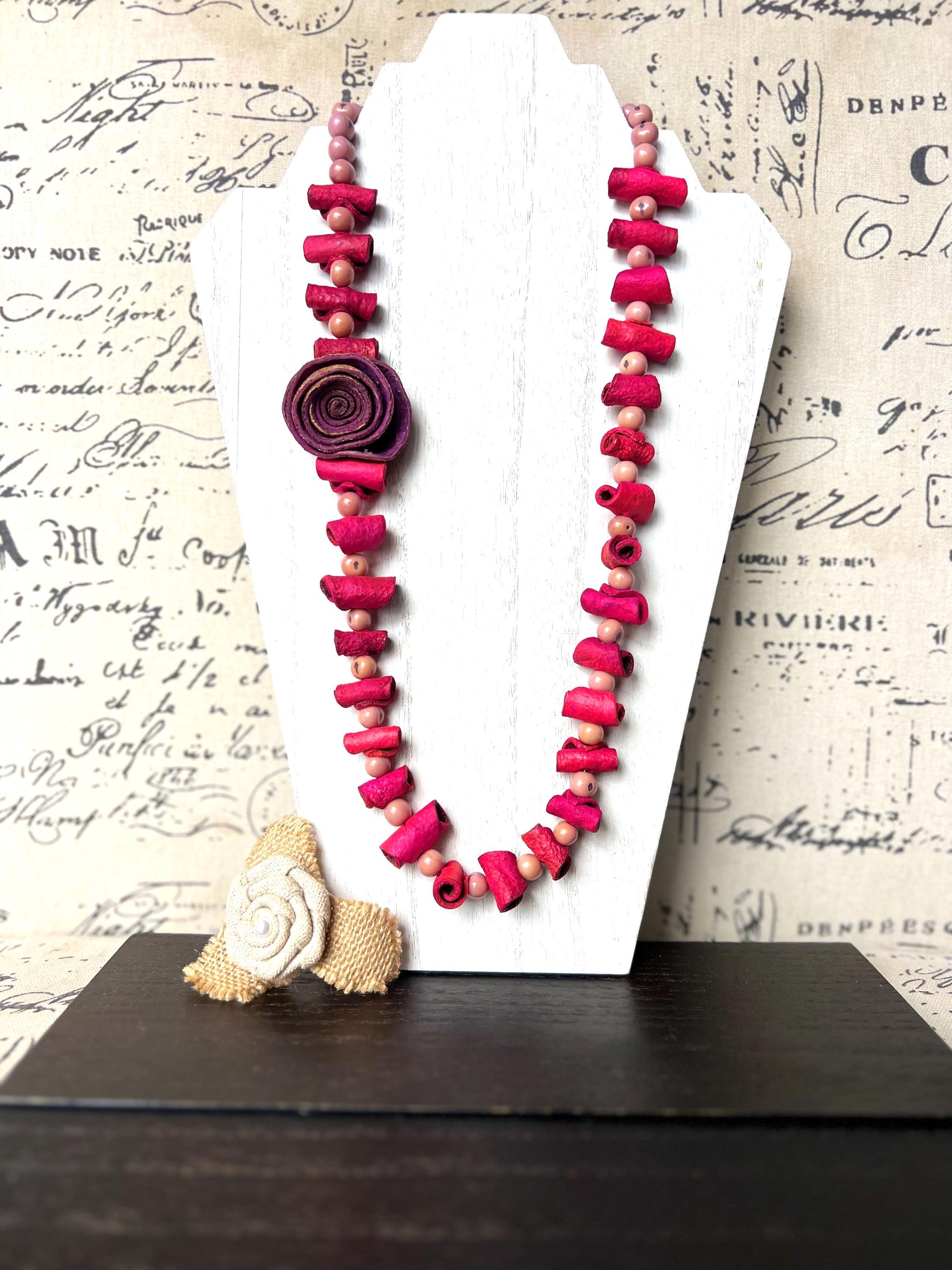 Hot pink flower necklace Adjustable cord Handmade statement necklace Big bold chunky necklace made with orange peel and lilac açaí seeds