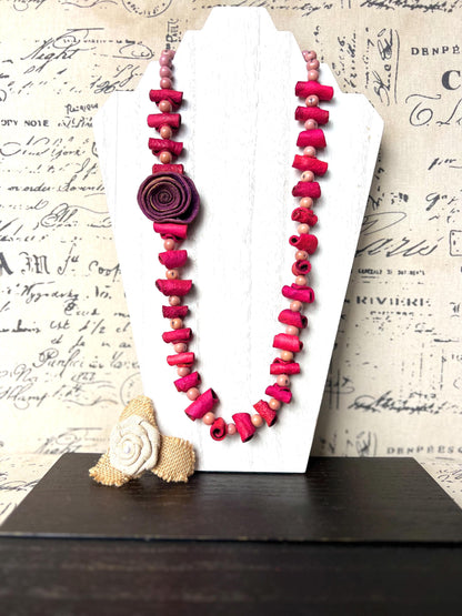 Hot pink flower necklace Adjustable cord Handmade statement necklace Big bold chunky necklace made with orange peel and lilac açaí seeds