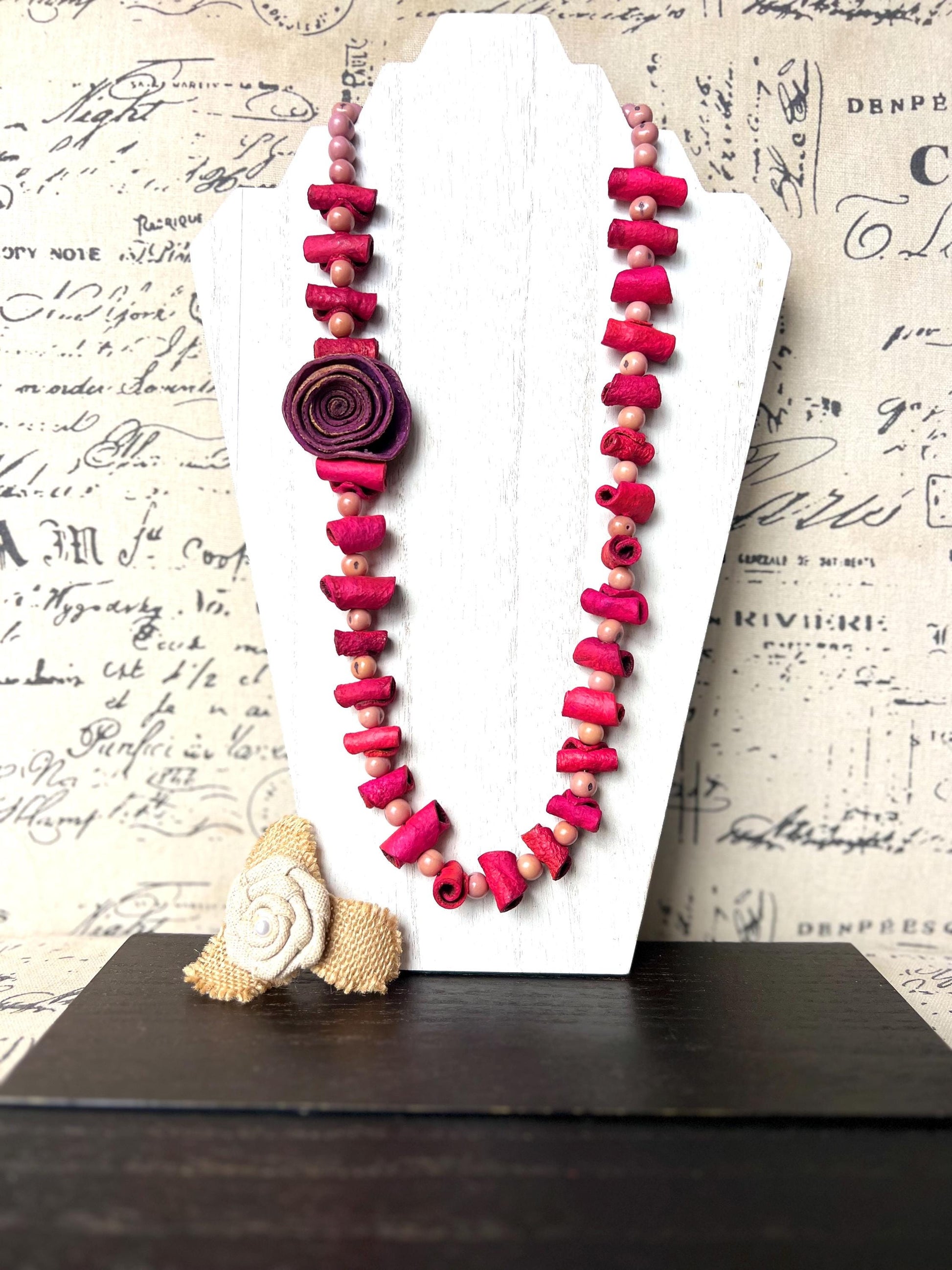 Hot pink flower necklace Adjustable cord Handmade statement necklace Big bold chunky necklace made with orange peel and lilac açaí seeds