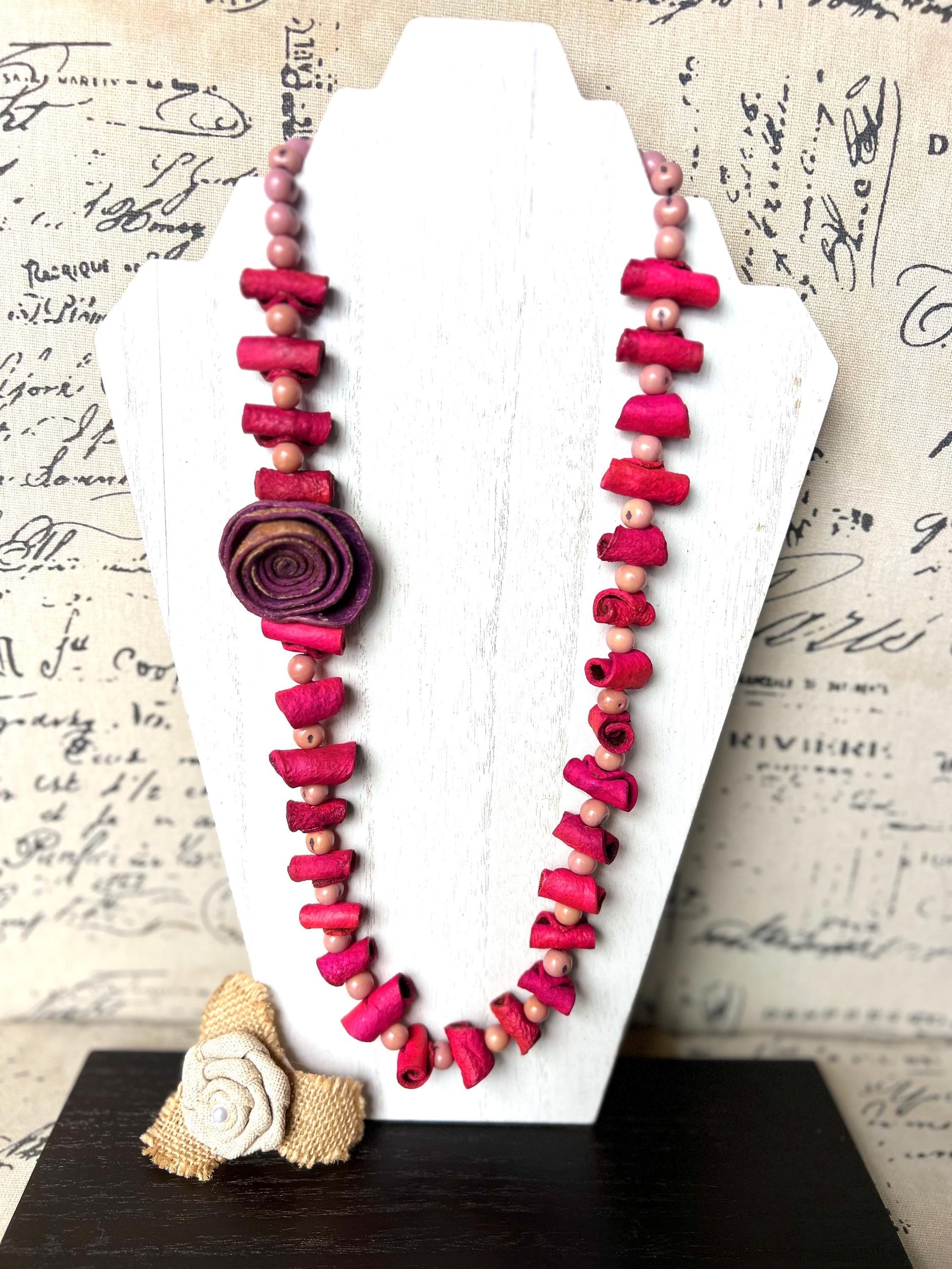 Hot pink flower necklace Adjustable cord Handmade statement necklace Big bold chunky necklace made with orange peel and lilac açaí seeds