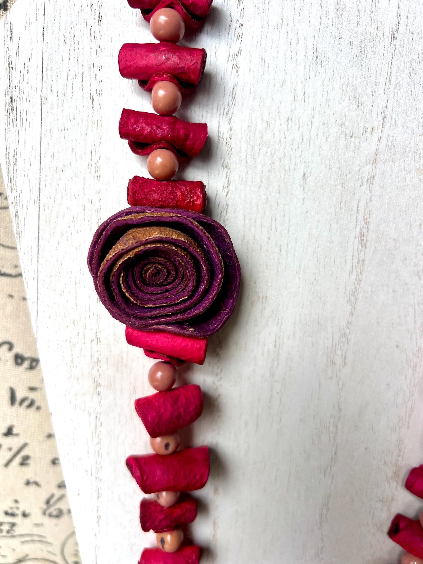 Hot pink flower necklace Adjustable cord Handmade statement necklace Big bold chunky necklace made with orange peel and lilac açaí seeds