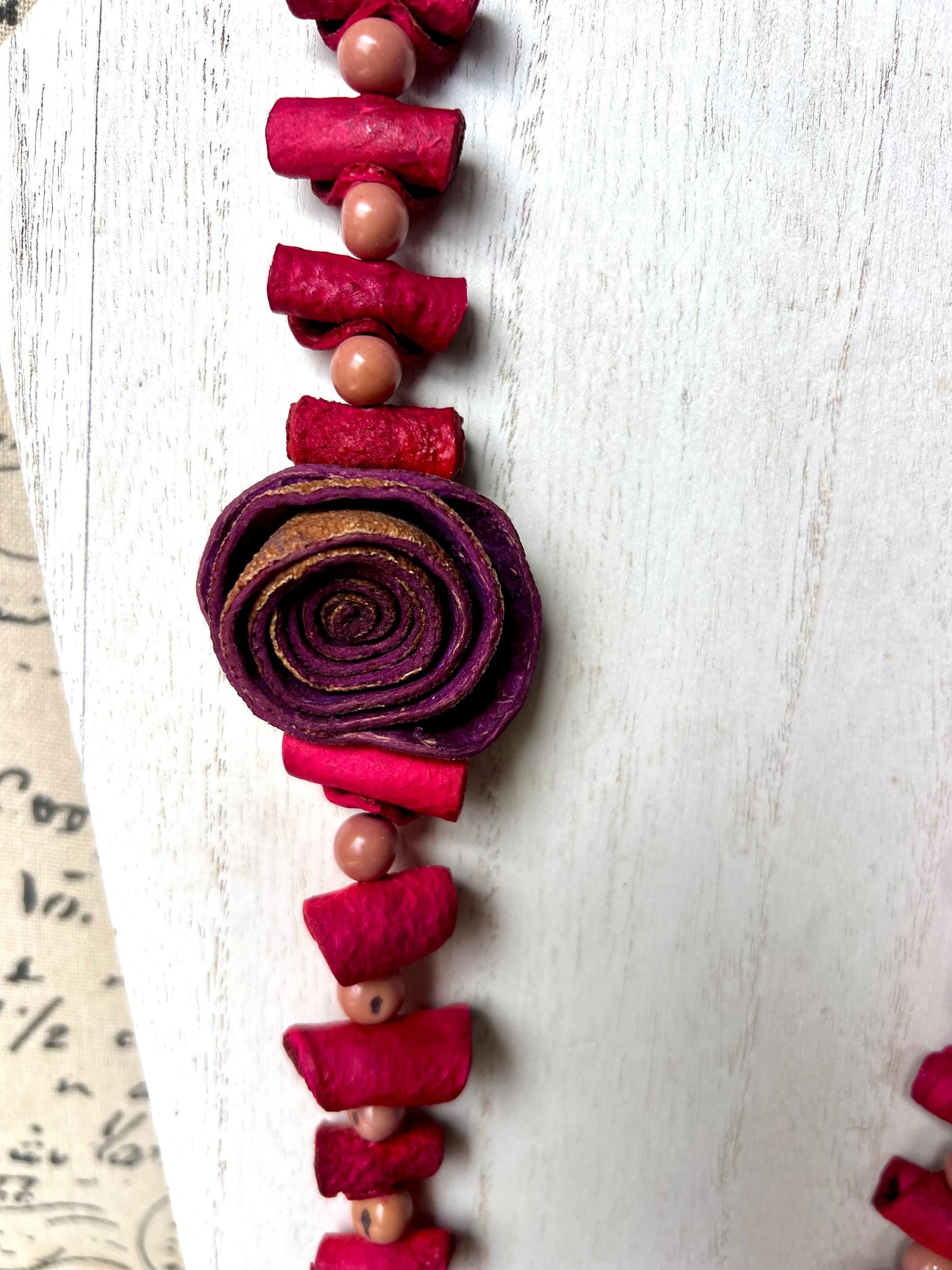 Hot pink flower necklace Adjustable cord Handmade statement necklace Big bold chunky necklace made with orange peel and lilac açaí seeds