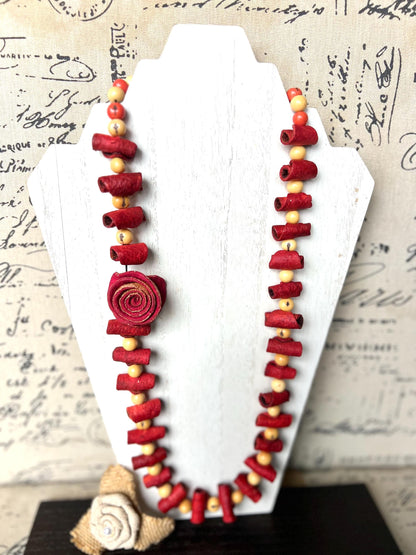 Red rose necklace Adjustable cord Handmade statement necklace Big bold chunky necklace made with orange peel and beige acai seed Lightweight