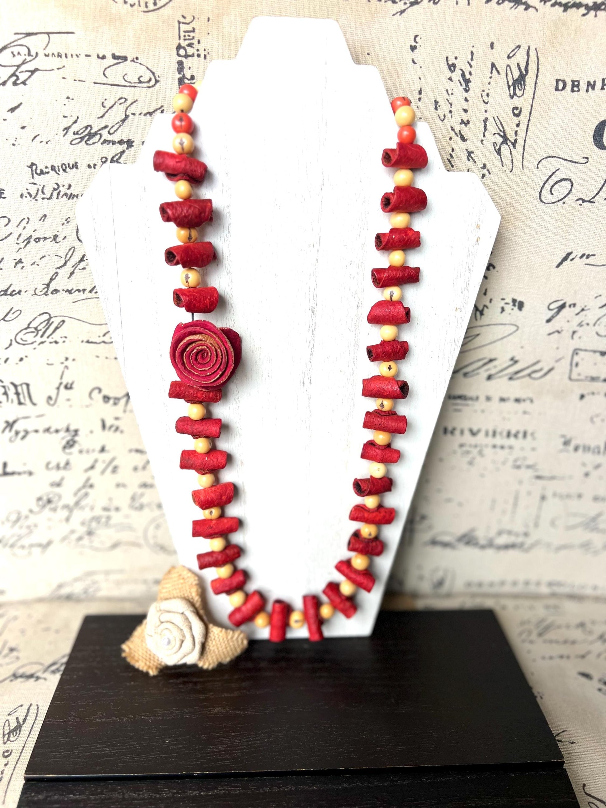 Red rose necklace Adjustable cord Handmade statement necklace Big bold chunky necklace made with orange peel and beige acai seed Lightweight