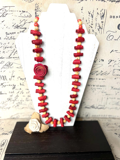 Red rose necklace Adjustable cord Handmade statement necklace Big bold chunky necklace made with orange peel and beige acai seed Lightweight