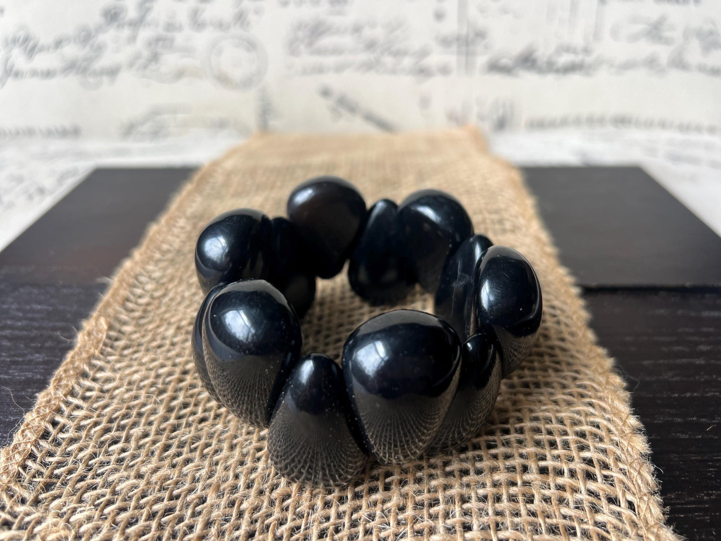 Black statement bracelet Tagua jewelry Big bracelet for women Raindrop bracelet Art to wear Elastic stretch chunky bracelet Fall fashion