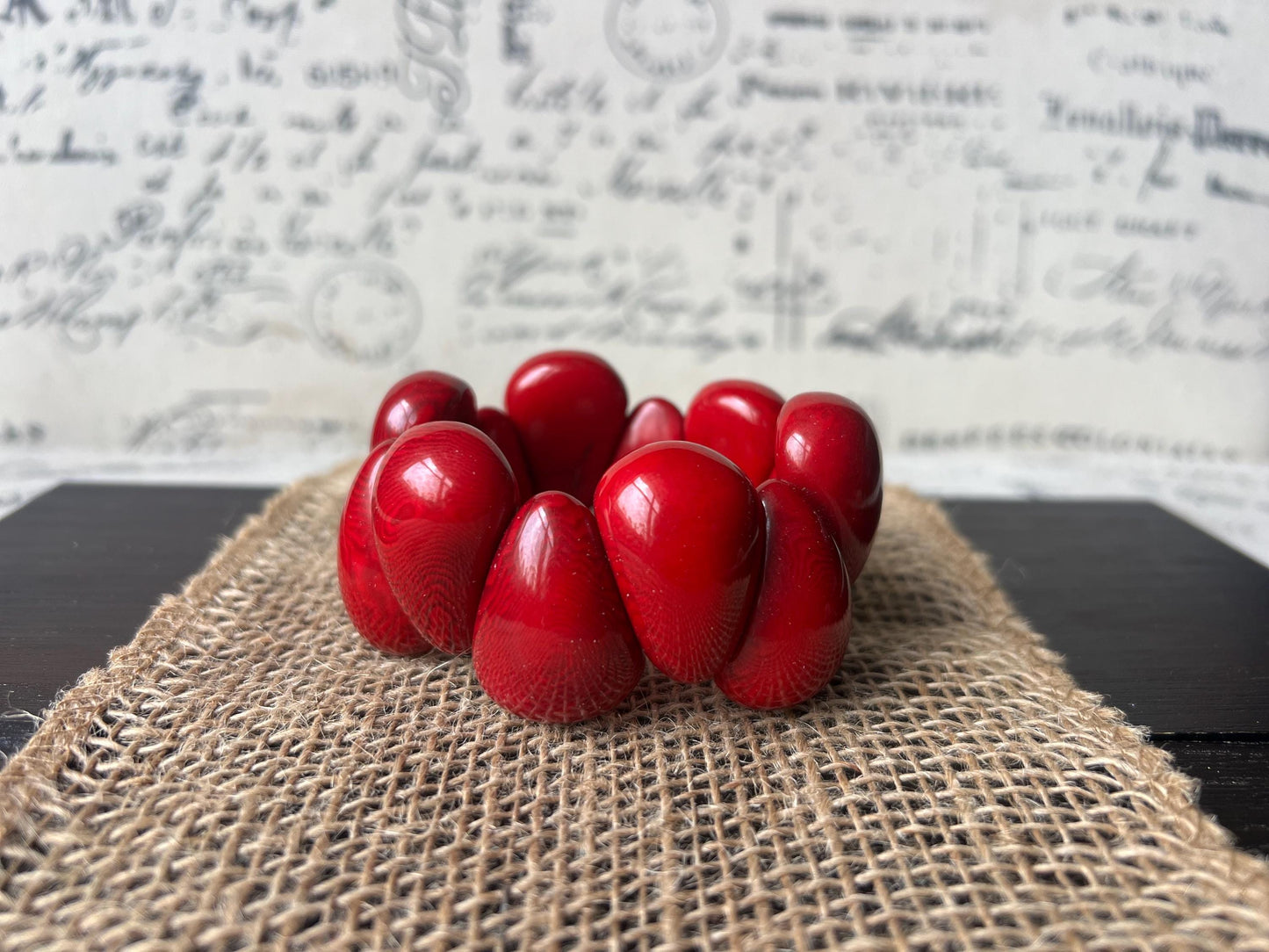 Red statement bracelet Tagua jewelry Wearable art Big bracelet for women Raindrop bracelet Art to wear Elastic stretch chunky bracelet