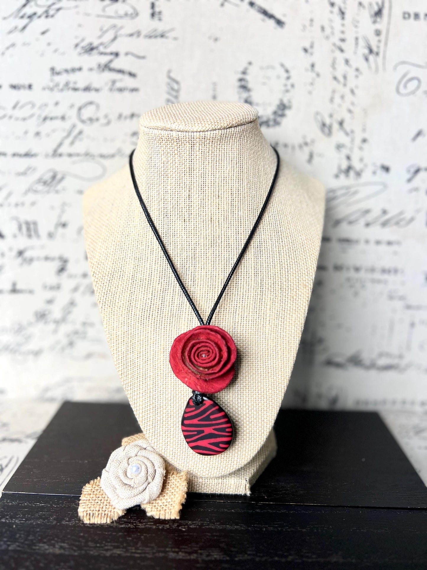 Red flower pendant necklace Dainty rose necklace Rose necklace Adjustable cord Art to wear Artistic necklace Feminine artsy gifts