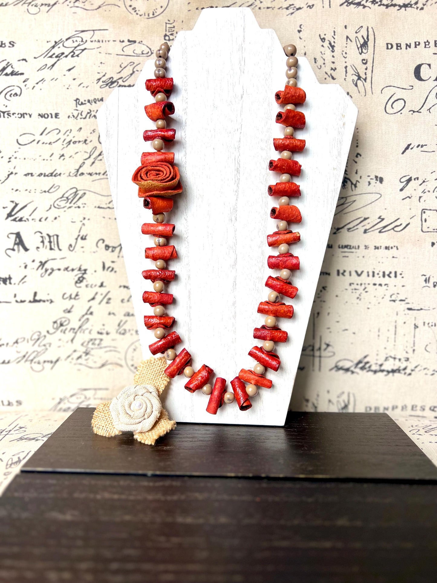 Orange flower necklace Adjustable cord Wearable art Handmade statement necklace Bold necklace made with orange peel and acai seeds