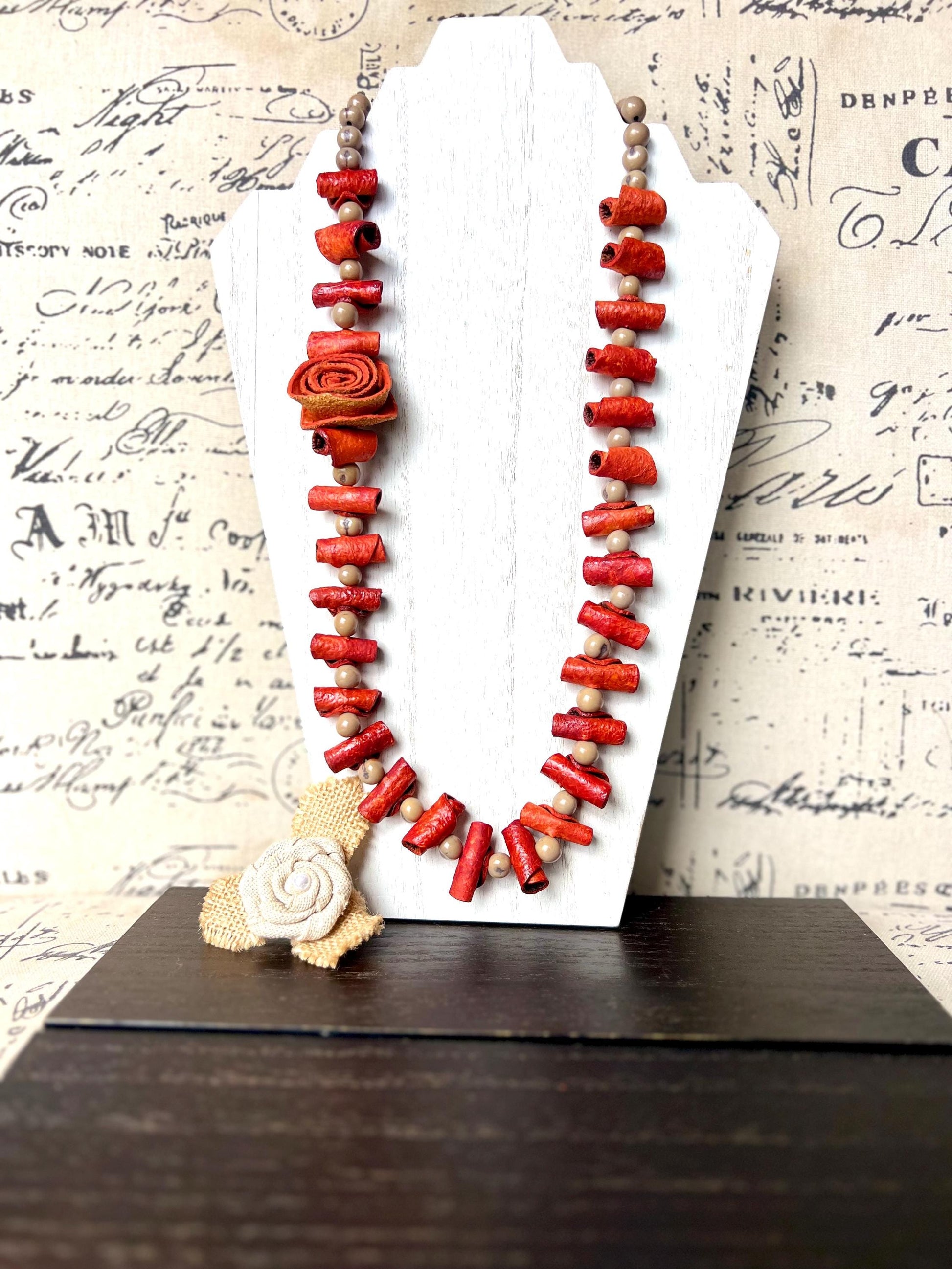 Orange flower necklace Adjustable cord Wearable art Handmade statement necklace Bold necklace made with orange peel and acai seeds