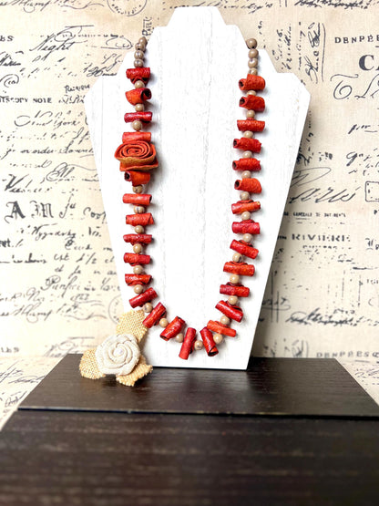 Orange flower necklace Adjustable cord Wearable art Handmade statement necklace Bold necklace made with orange peel and acai seeds