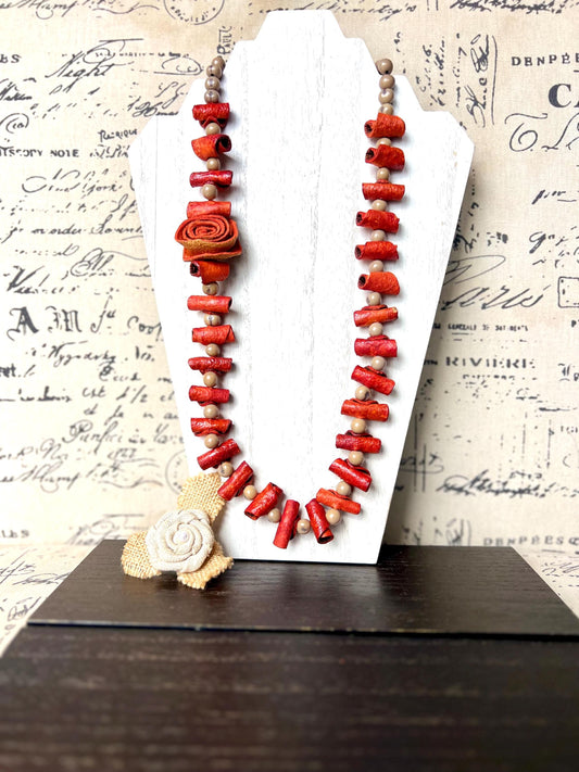 Orange flower necklace Adjustable cord Wearable art Handmade statement necklace Bold necklace made with orange peel and acai seeds