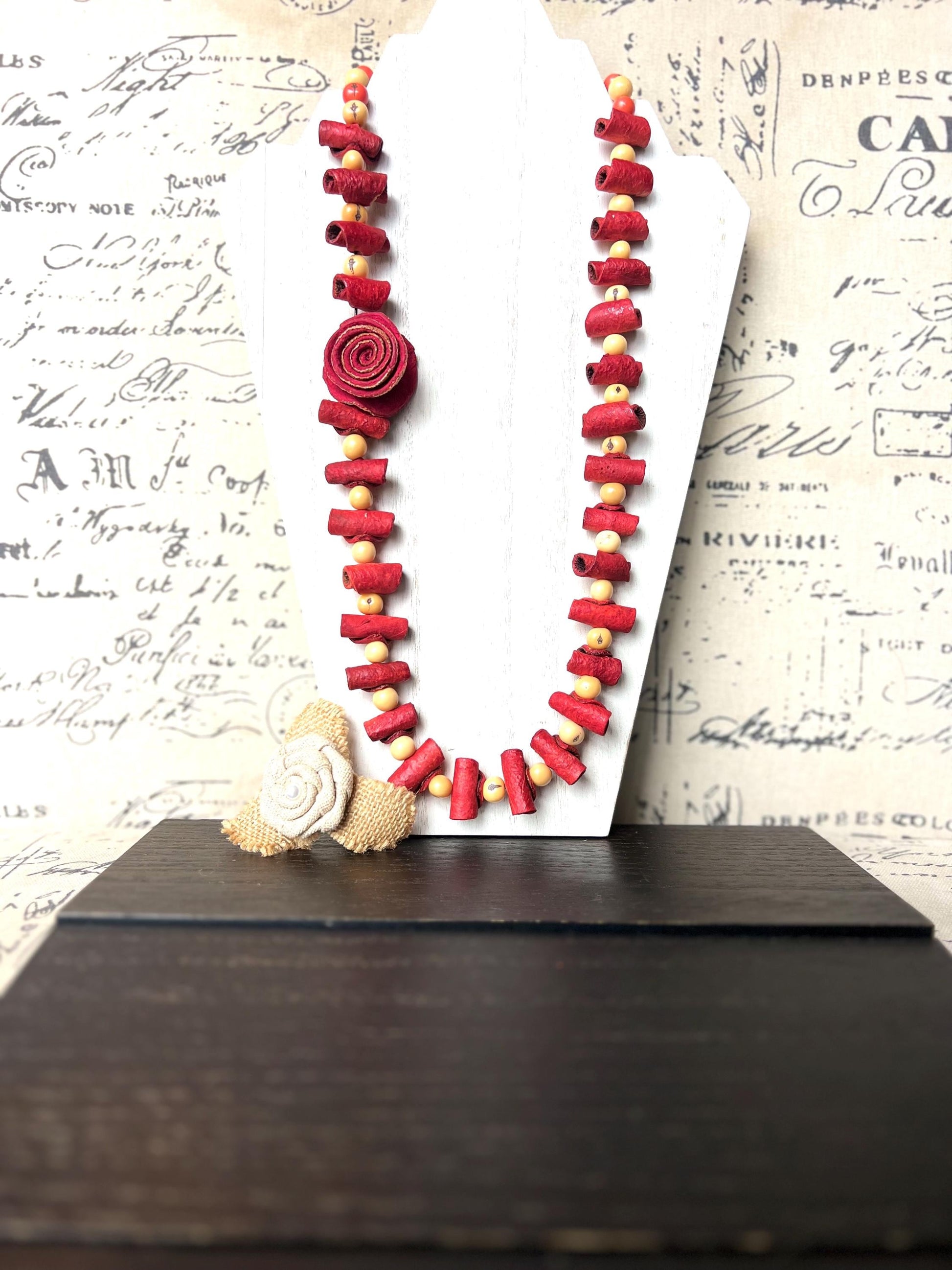Red rose necklace Adjustable cord Handmade statement necklace Big bold chunky necklace made with orange peel and beige acai seed Lightweight