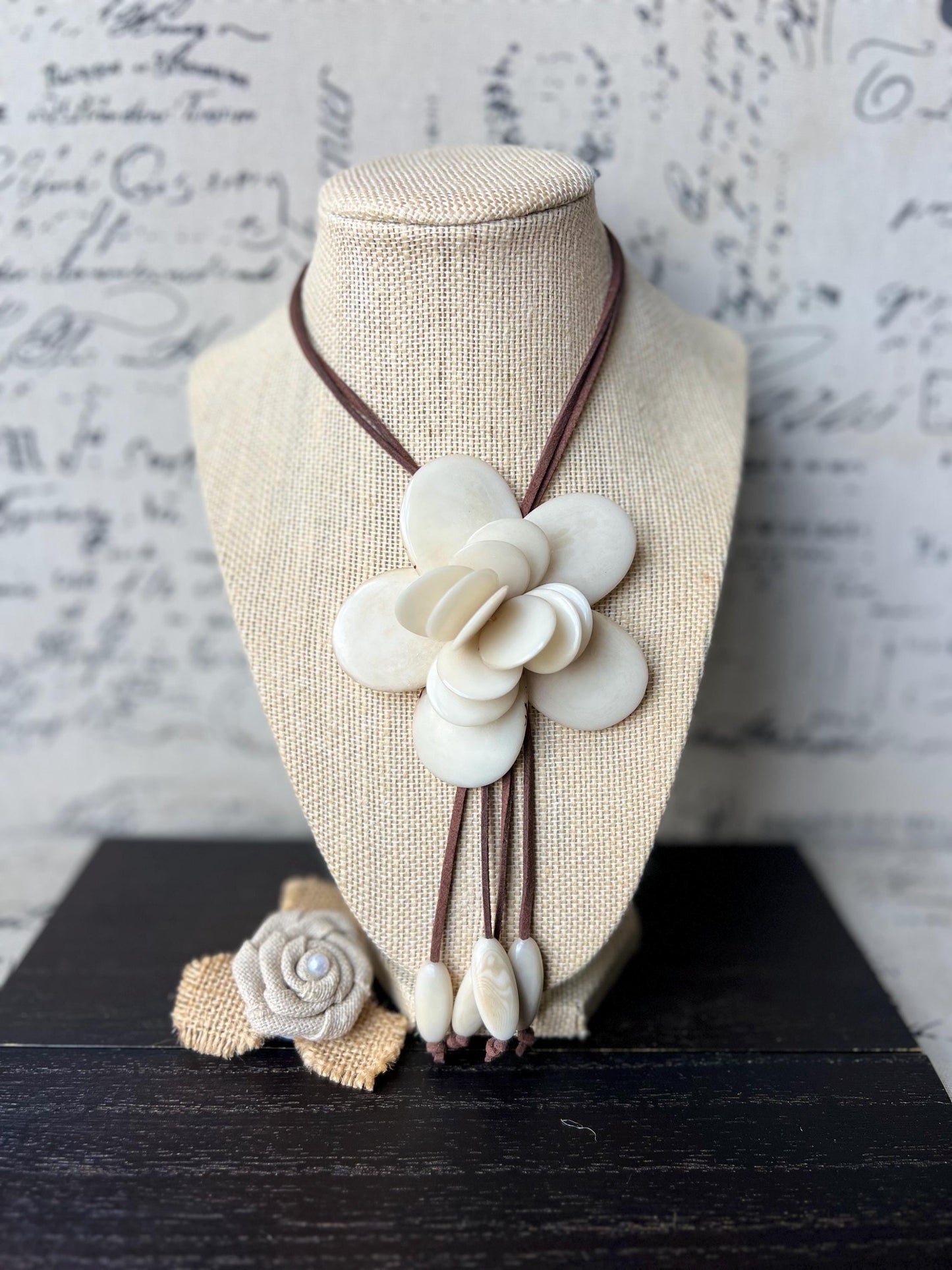 Ivory white flower pendant necklace Adjustable cord 14 year wedding anniversary gifts for wife Fall fashion Wearable art Tagua jewelry