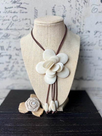 Ivory white flower pendant necklace Adjustable cord 14 year wedding anniversary gifts for wife Fall fashion Wearable art Tagua jewelry