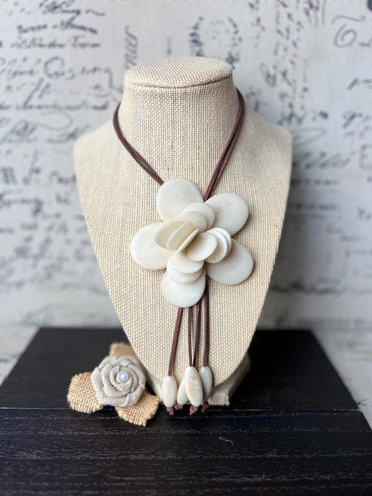 Ivory white flower pendant necklace Adjustable cord 14 year wedding anniversary gifts for wife Fall fashion Wearable art Tagua jewelry