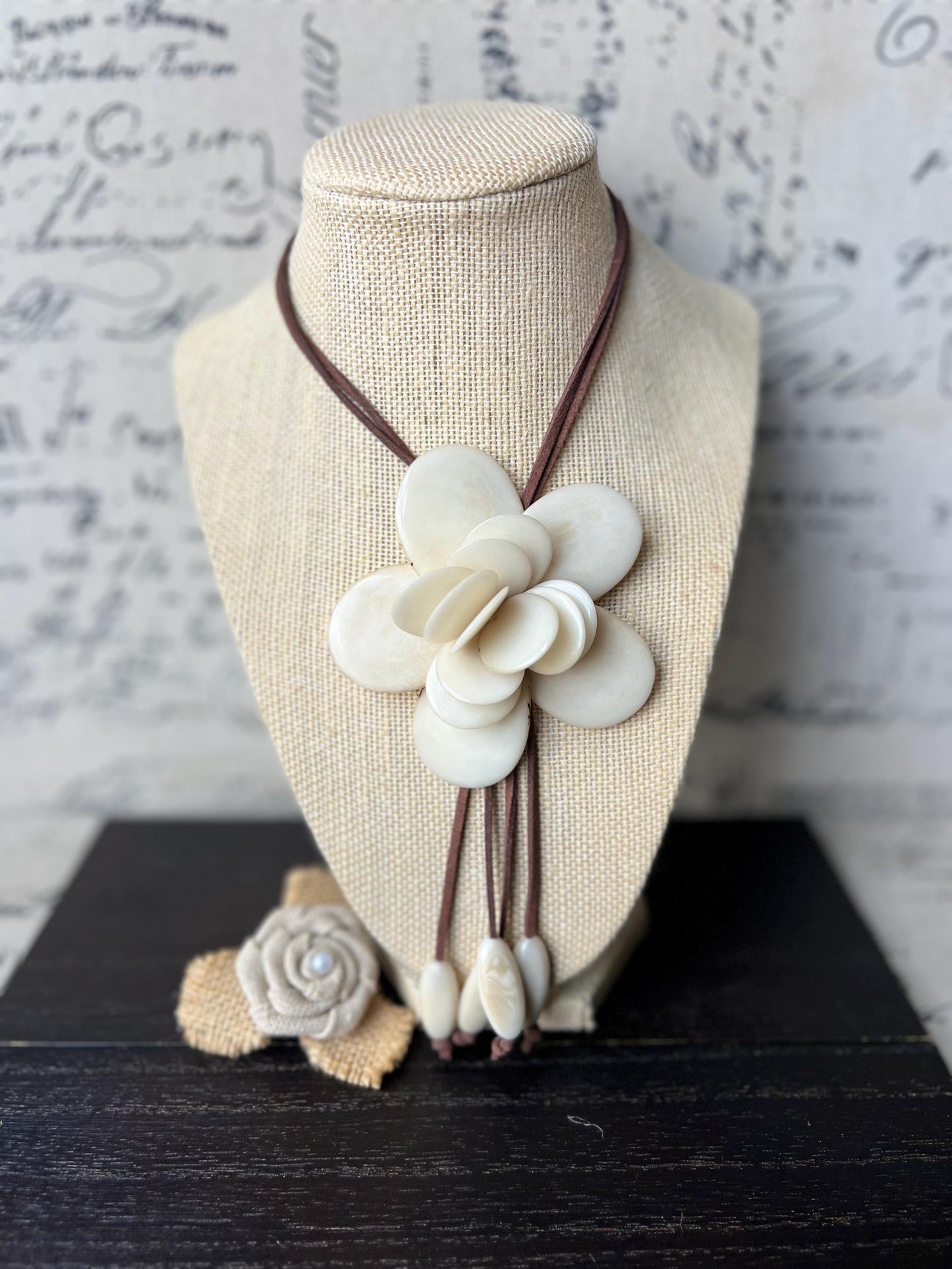 Ivory white flower pendant necklace Adjustable cord 14 year wedding anniversary gifts for wife Fall fashion Wearable art Tagua jewelry