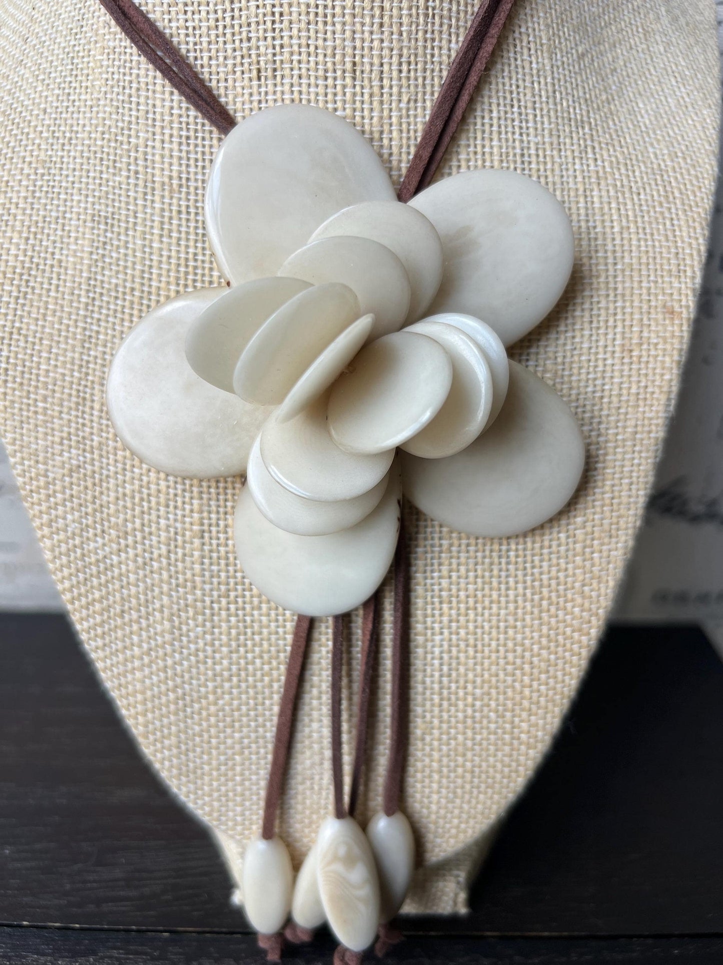 Ivory white flower pendant necklace Adjustable cord 14 year wedding anniversary gifts for wife Fall fashion Wearable art Tagua jewelry