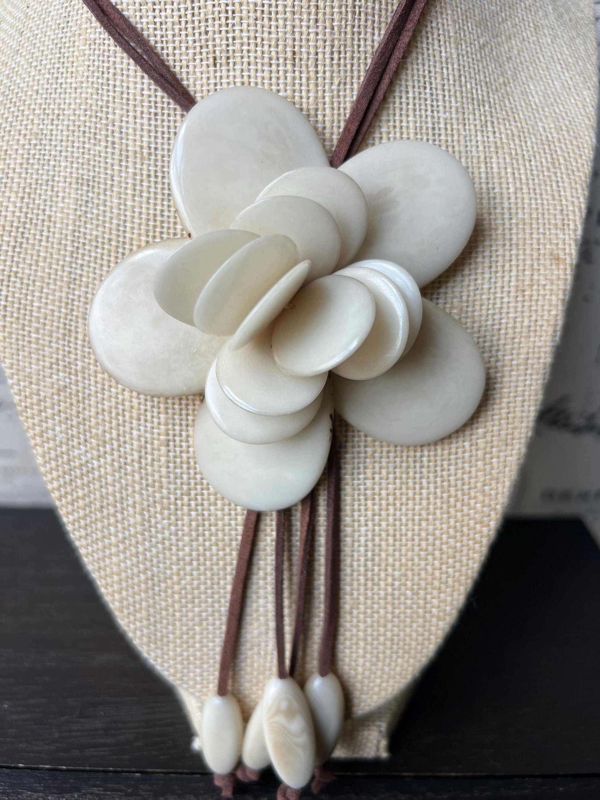 Ivory white flower pendant necklace Adjustable cord 14 year wedding anniversary gifts for wife Fall fashion Wearable art Tagua jewelry