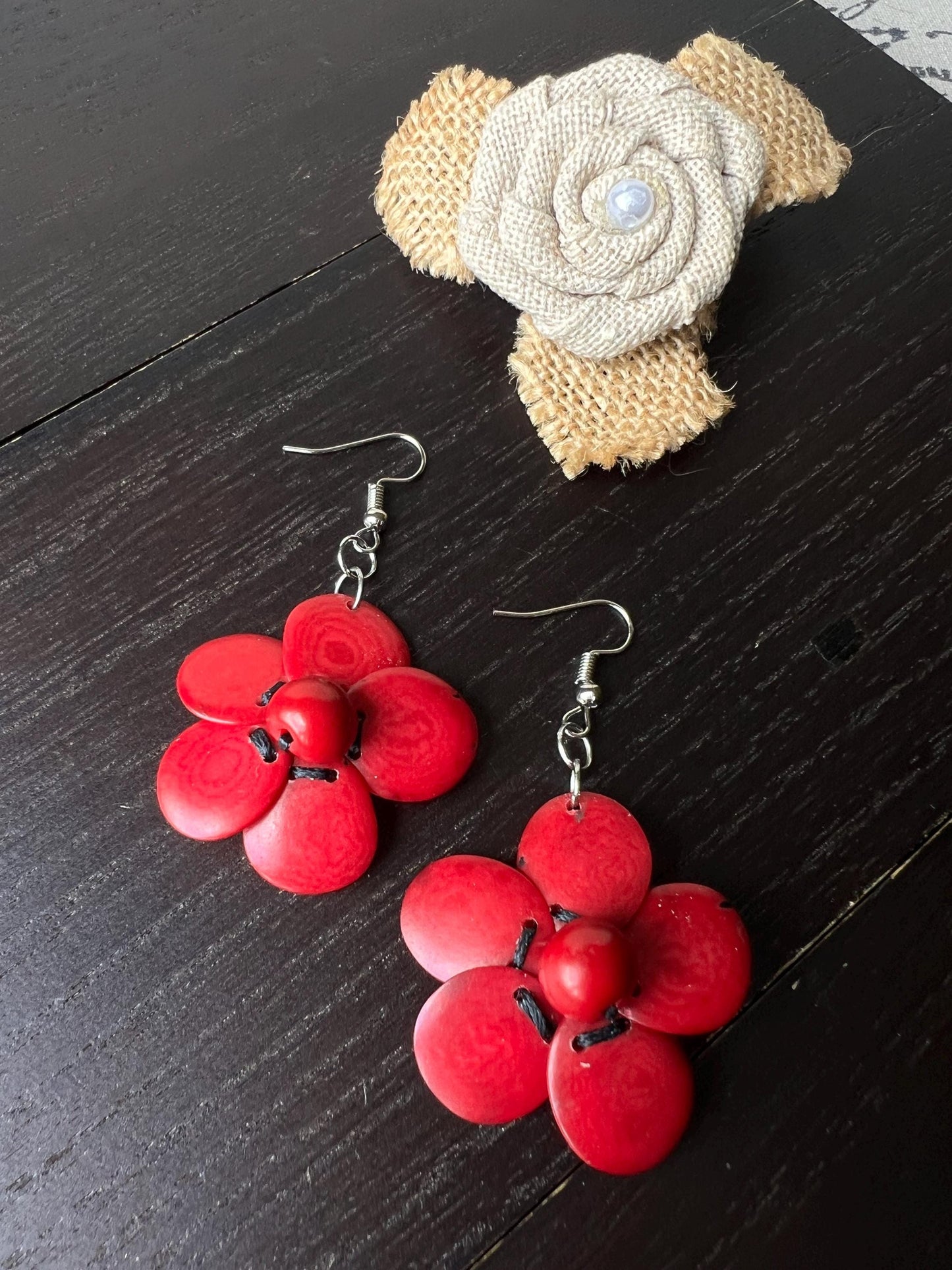 Red flower beaded earrings Tagua earrings Handmade statement earrings with hypoallergenic hooks Dangle earrings Wearable art Fall fashion