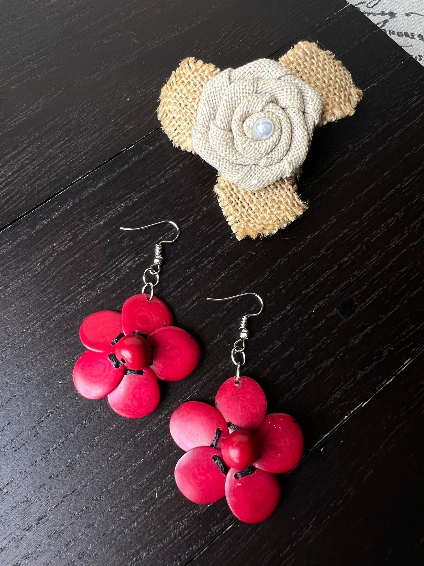 Red flower beaded earrings Tagua earrings Handmade statement earrings with hypoallergenic hooks Dangle earrings Wearable art Fall fashion